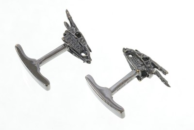 Lot 518 - Pair of black rhodium plated 18ct gold cufflinks in the form of stag skulls, sponsor's mark OPD, hallmarked 2009.