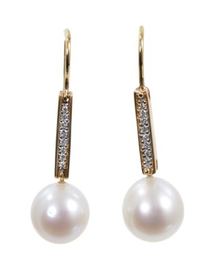 Lot 520 - Pair of cultured pearl and diamond pendant earrings, each with a 9.5mm-10mm cultured pearl suspended from a diamond set gold bar with hook fittings, length approximately 34mm.