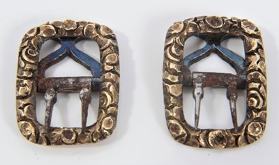 Lot 526 - Pair of Regency gold buckles with cast foliate decoration and blued and polished steel fittings, 20mm.