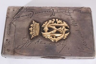 Lot 366 - Unusual Victorian silver combination Tobacco and Vesta box of rectangular form, decorated with engraved facsimile signatures and applied gold European and British Coronets above monograms, with hin...