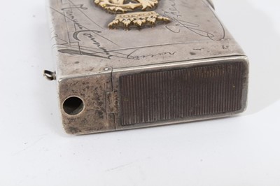 Lot 366 - Unusual Victorian silver combination Tobacco and Vesta box of rectangular form, decorated with engraved facsimile signatures and applied gold European and British Coronets above monograms, with hin...