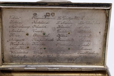 Lot 366 - Unusual Victorian silver combination Tobacco and Vesta box of rectangular form, decorated with engraved facsimile signatures and applied gold European and British Coronets above monograms, with hin...