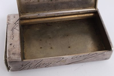 Lot 366 - Unusual Victorian silver combination Tobacco and Vesta box of rectangular form, decorated with engraved facsimile signatures and applied gold European and British Coronets above monograms, with hin...