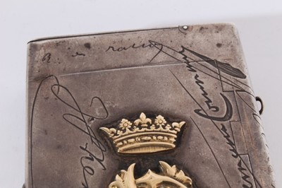 Lot 366 - Unusual Victorian silver combination Tobacco and Vesta box of rectangular form, decorated with engraved facsimile signatures and applied gold European and British Coronets above monograms, with hin...