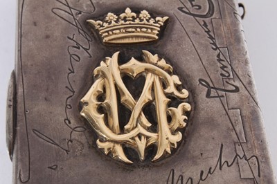 Lot 366 - Unusual Victorian silver combination Tobacco and Vesta box of rectangular form, decorated with engraved facsimile signatures and applied gold European and British Coronets above monograms, with hin...