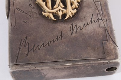 Lot 366 - Unusual Victorian silver combination Tobacco and Vesta box of rectangular form, decorated with engraved facsimile signatures and applied gold European and British Coronets above monograms, with hin...
