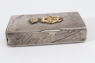 Lot 366 - Unusual Victorian silver combination Tobacco and Vesta box of rectangular form, decorated with engraved facsimile signatures and applied gold European and British Coronets above monograms, with hin...