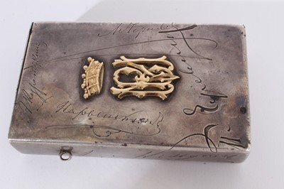 Lot 366 - Unusual Victorian silver combination Tobacco and Vesta box of rectangular form, decorated with engraved facsimile signatures and applied gold European and British Coronets above monograms, with hin...