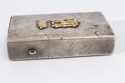 Lot 366 - Unusual Victorian silver combination Tobacco and Vesta box of rectangular form, decorated with engraved facsimile signatures and applied gold European and British Coronets above monograms, with hin...