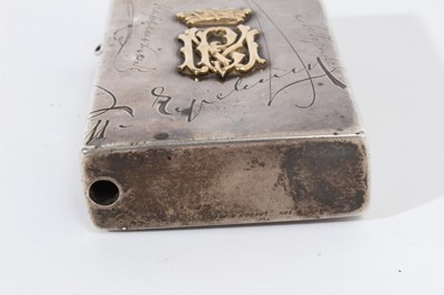 Lot 366 - Unusual Victorian silver combination Tobacco and Vesta box of rectangular form, decorated with engraved facsimile signatures and applied gold European and British Coronets above monograms, with hin...