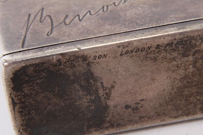 Lot 366 - Unusual Victorian silver combination Tobacco and Vesta box of rectangular form, decorated with engraved facsimile signatures and applied gold European and British Coronets above monograms, with hin...