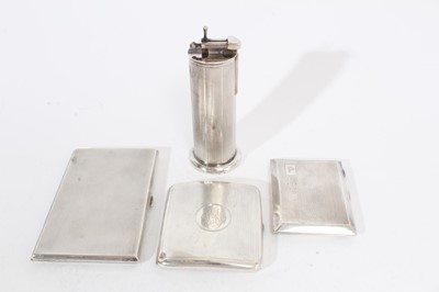 Lot 369 - George VI silver cigarette case of rectangular form with engine turned decoration, (Birmingham 1937) together with two other silver cigarette cases (various dates and makers) and a silver plated Pa...