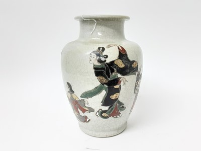 Lot 228 - Large Japanese Satsuma crackle vase, decorated with dancing figures, 30.5cm high