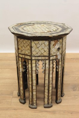 Lot 1408 - Antique mother of pearl inlaid moorish side table, octagonal form with mihrab supports, 32cm wide