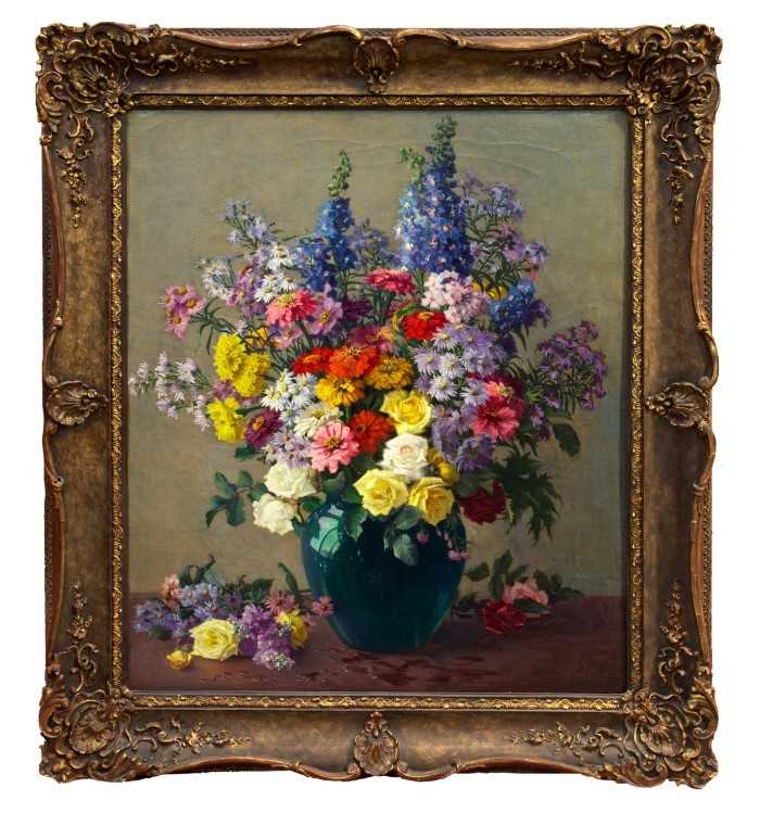Lot 1167 - John Ernest Foster (1877-1965) oil on canvas - still life of vibrant summer flowers, signed, artist's label verso, 101cm x 83cm, in ornate gilt frame