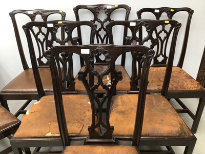Lot 165 - Set of seven Edwardian Chippendale revival mahogany dining chairs with pierced vase shape splat backs, brown leather seats on mould ped square chamfered legs