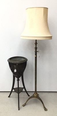 Lot 161 - Edwardian wooden jardiniere and an Edwardian brass oil lamp standard converted for electricity