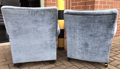 Lot 163 - Pair Edwardian tub chairs upholstered in blue draylon on bun feet