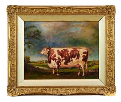 Lot 1281 - English School, mid 19th century, oil on board - a shorthorn bull in landscape, in original gilt frame, 26cm x 34cm