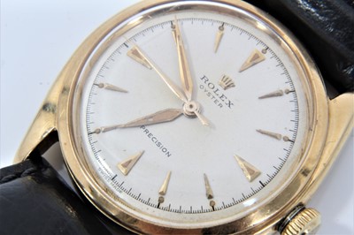 Lot 550 - 1950s gentlemen's Rolex Oyster Precision 18ct gold wristwatch with 17 jewel Patented Superbalance movement, the circular dial with outer seconds track, applied gold 'dagger' hour markers, gold hand...