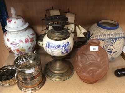 Lot 85 - Continental pottery jar, Victorian style advertising oil lamp and other ceramics