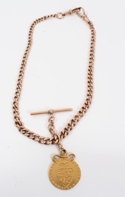 Lot 561 - Antique 9ct rose gold watch chain with curb links and George III gold spade guinea coin fob.
