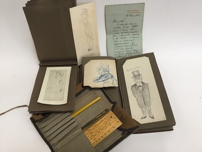 Lot 1194 - An early 20th century sketch book containing a collection of amusing pencil caricatures, together with a letter dated 1901 regarding various works, another printed album, together with Edward Grind...