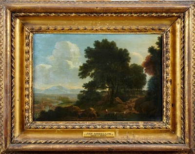 Lot 1318 - Circle of Jan Asselijn (1610-1660) oil on copper panel - cattle and herder in extensive classical landscape, 19.5cm x 28cm, in gilt frame