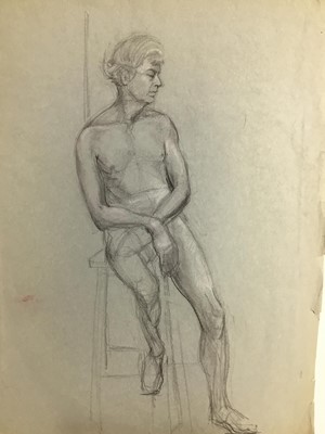 Lot 1828 - Collection of eight unframed pencil and watercolour sketches of Quentin Crisp, other life drawings, Ian Pollock drawing, signed etchings and other unframed works contained in a folio