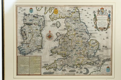 Lot 626 - John Speed (1552-1629) - hand coloured engraving- map of the British Isles, 'The Invasions of England and Ireland with al their Civill Wars since the Conquest', George Humble, circa 1627, approxima...