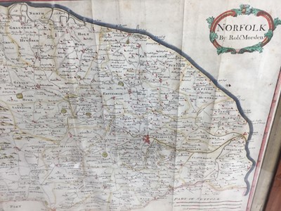 Lot 1833 - Robert Morden hand coloured engraved map of Norfolk, in glazed maple veneered frame, 38cm x 58cm