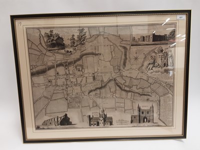 Lot 627 - 18th century engraving in glazed frame - map of Colchester - 'To the Society of Antiquary's in London, This Actual Survey of the Ancient Town and Borough of Colchester in the County of Essex, is mo...