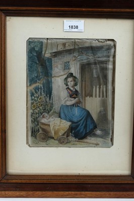 Lot 1838 - Rare late 19th century Franz Unterberger of Innsbruck ( 1838-1902 ) cobweb painting depicting a Tyrolean peasant girl with infant child in crib outside a cottage door, double sided in original glaz...