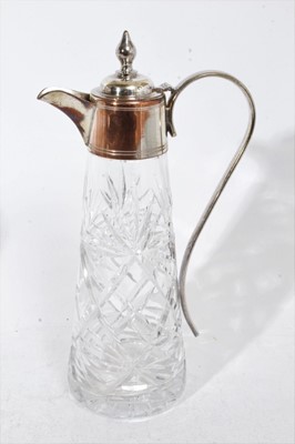 Lot 398 - Victorian cut glass claret jug of tapered form, with oval cut decoration and star cut base, silver plated mount with engraved inscription and hinged cover, 31cm overall height, together with three...