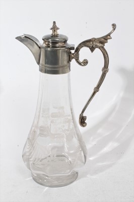 Lot 399 - Victorian cut glass claret jug of tapered form, with star cut decoration and star cut base, silver plated mount and hinged cover, 31cm overall height, together with three other various glass claret...