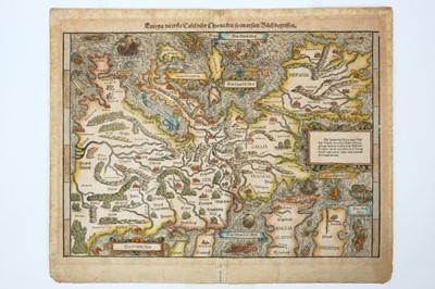 Lot 636 - Sebastian Muster, circa 1540-1545,  hand coloured engraving- map of Europe, plate size approximately 42cm 34cm, in glazed frame.