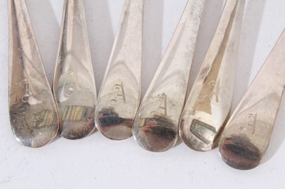 Lot 401 - Set of twelve silver Hanoverian Rat tail pattern dessert spoons, each engraved to underside with letter A, (Sheffield 1928 / 1932), maker Mappin & Webb, all at 21oz