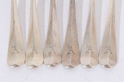 Lot 402 - Set of six George V silver Hanoverian Rat tail pattern dessert spoons, each engraved with letter A, (Sheffield 1936), maker Mappin & Webb, together with five matching teaspoons (London 1924), maker...
