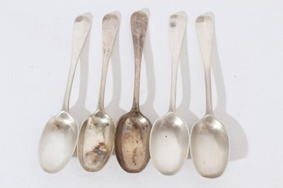 Lot 402 - Set of six George V silver Hanoverian Rat tail pattern dessert spoons, each engraved with letter A, (Sheffield 1936), maker Mappin & Webb, together with five matching teaspoons (London 1924), maker...
