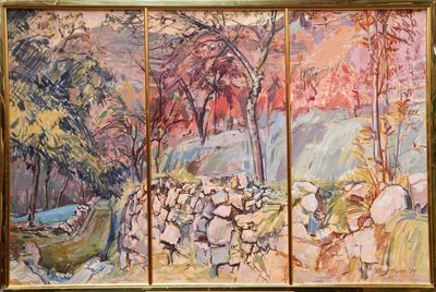 Lot 213 - Oliver Thomas (1919-2010) oil on canvas - landscape triptych, signed and dated ‘75, in gilt frame, each 90cm x 45cm