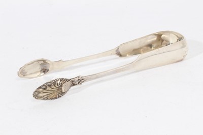 Lot 405 - Pair of Victorian silver fiddle pattern sugar tongs, (Newcastle 1846), maker Thomas Sewell, together with three other pairs of silver sugar tongs (various dates and makers), all at 8oz (4)