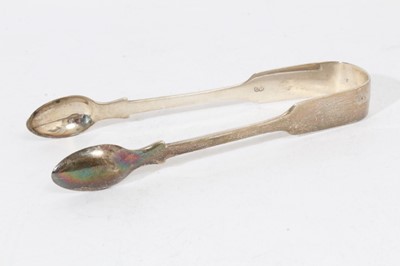 Lot 405 - Pair of Victorian silver fiddle pattern sugar tongs, (Newcastle 1846), maker Thomas Sewell, together with three other pairs of silver sugar tongs (various dates and makers), all at 8oz (4)
