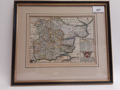 Lot 637 - Pieter van der Keere (circa 1571-1646) - hand coloured engraving - map 'Essex County' 8.5cm x 12cm, together with a Blome/Bowen 17th century hand coloured engraving- Map of Essex, 16cm x 21.5cm