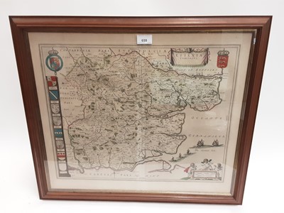 Lot 659 - Jan Blaeu - mid 17th century hand-coloured map of Essex, 52 x 41cm, framed