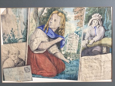 Lot 1840 - Victorian English School ink and watercolour tromp l'oeil picture relating to the Challis family of Bury St Edmunds, 31cm x 46cm, together with an early 20th century watercolour of a dancing figure...