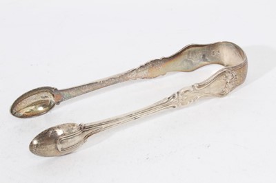 Lot 408 - Pair of Georgian silver scissor action sugar nips, c.1760, together with three pairs of silver sugar tongs (various dates and makers), all at 7oz (4)