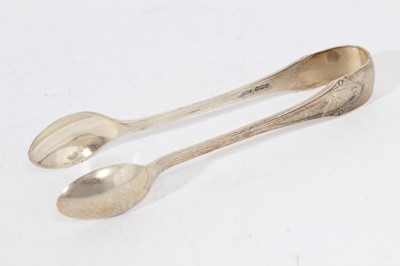 Lot 408 - Pair of Georgian silver scissor action sugar nips, c.1760, together with three pairs of silver sugar tongs (various dates and makers), all at 7oz (4)