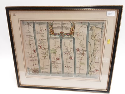 Lot 640 - Robert Morden - 18th century hand coloured engraving- map of Suffolk, John Ogilby 1675 'Road from London to Harwich' 1698 issue 34cm x 44.5cm, and a collection of antique maps and engravings, mostl...