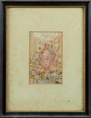 Lot 1321 - Jan Van Huysum ( 1682-1749 ), pen, ink and watercolour study of classical vase with flowers, birds nest with eggs with Cupid in background, in glazed frame with old catalogue descript...