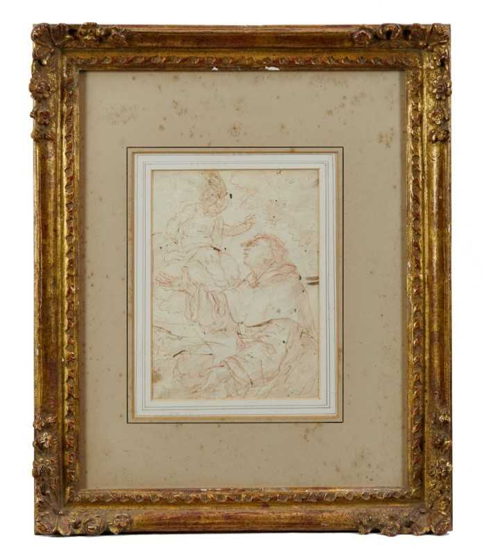 Lot 1322 - Old Master type sepia pen and ink study of a monk and cherub in glazed gilt frame. The image 18.5 x 13.5cm